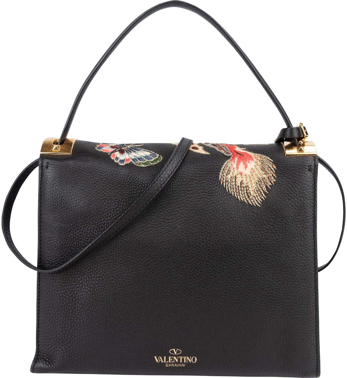 Valentino Valentino Black Leather Animal Fantasia Embroidered Joylock Top Handle Handbag Zwart