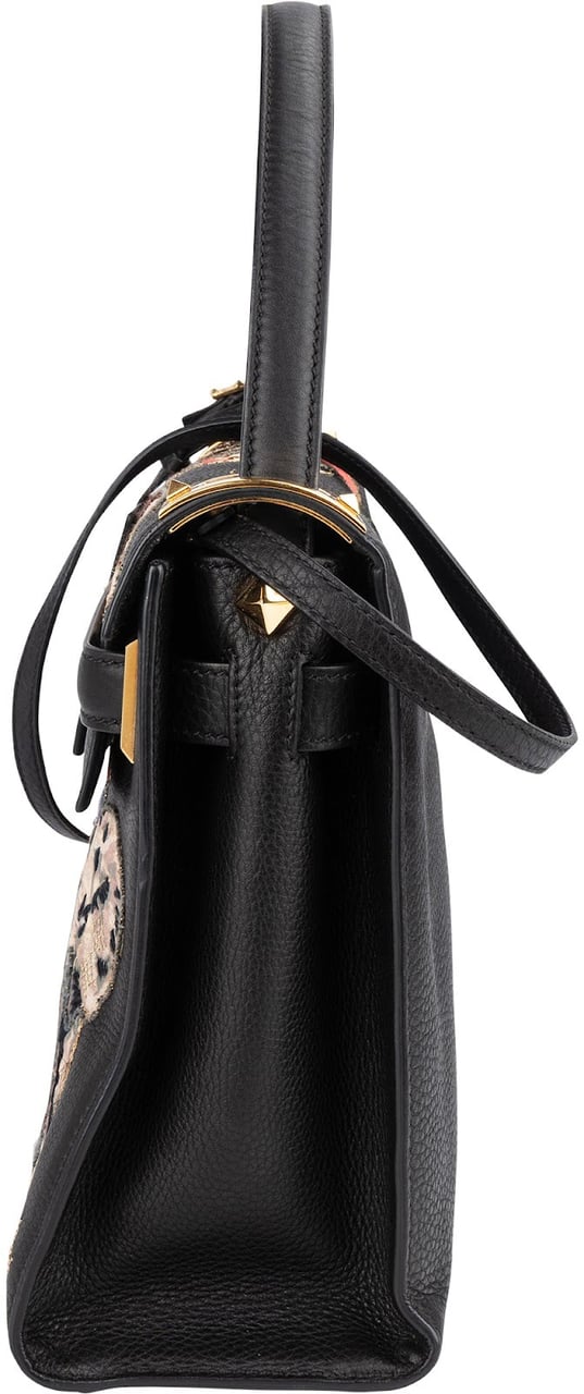 Valentino Valentino Black Leather Animal Fantasia Embroidered Joylock Top Handle Handbag Zwart