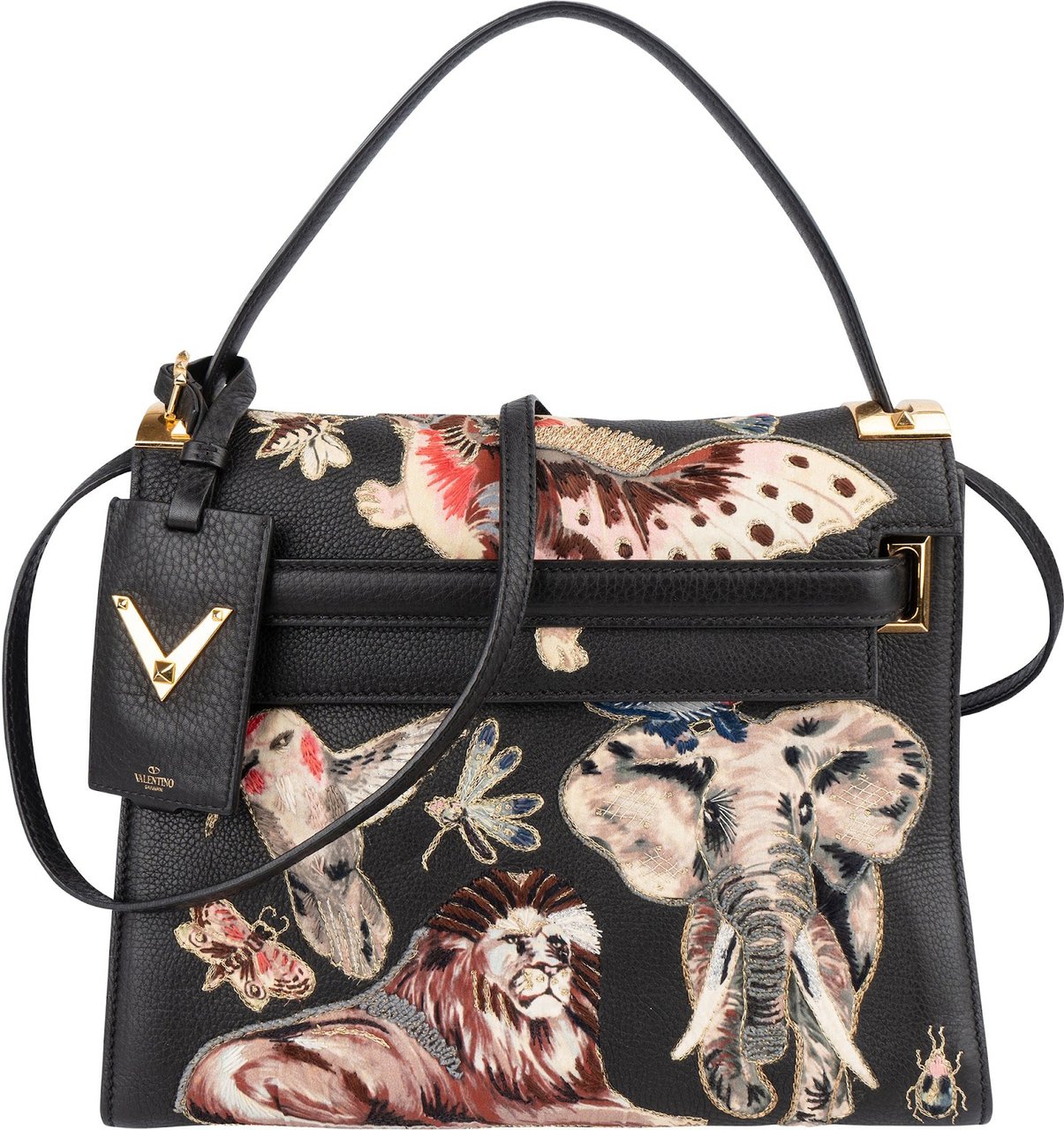 Valentino Valentino Black Leather Animal Fantasia Embroidered Joylock Top Handle Handbag Zwart