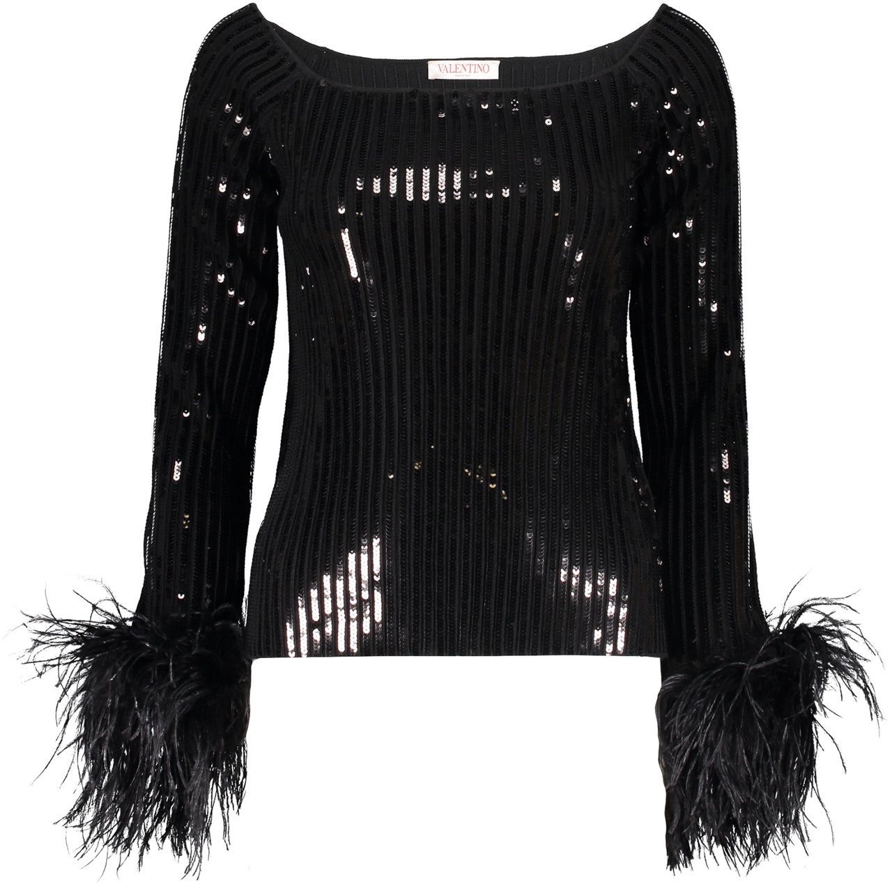 Valentino Elegant black top with long sleeves and feathers Zwart
