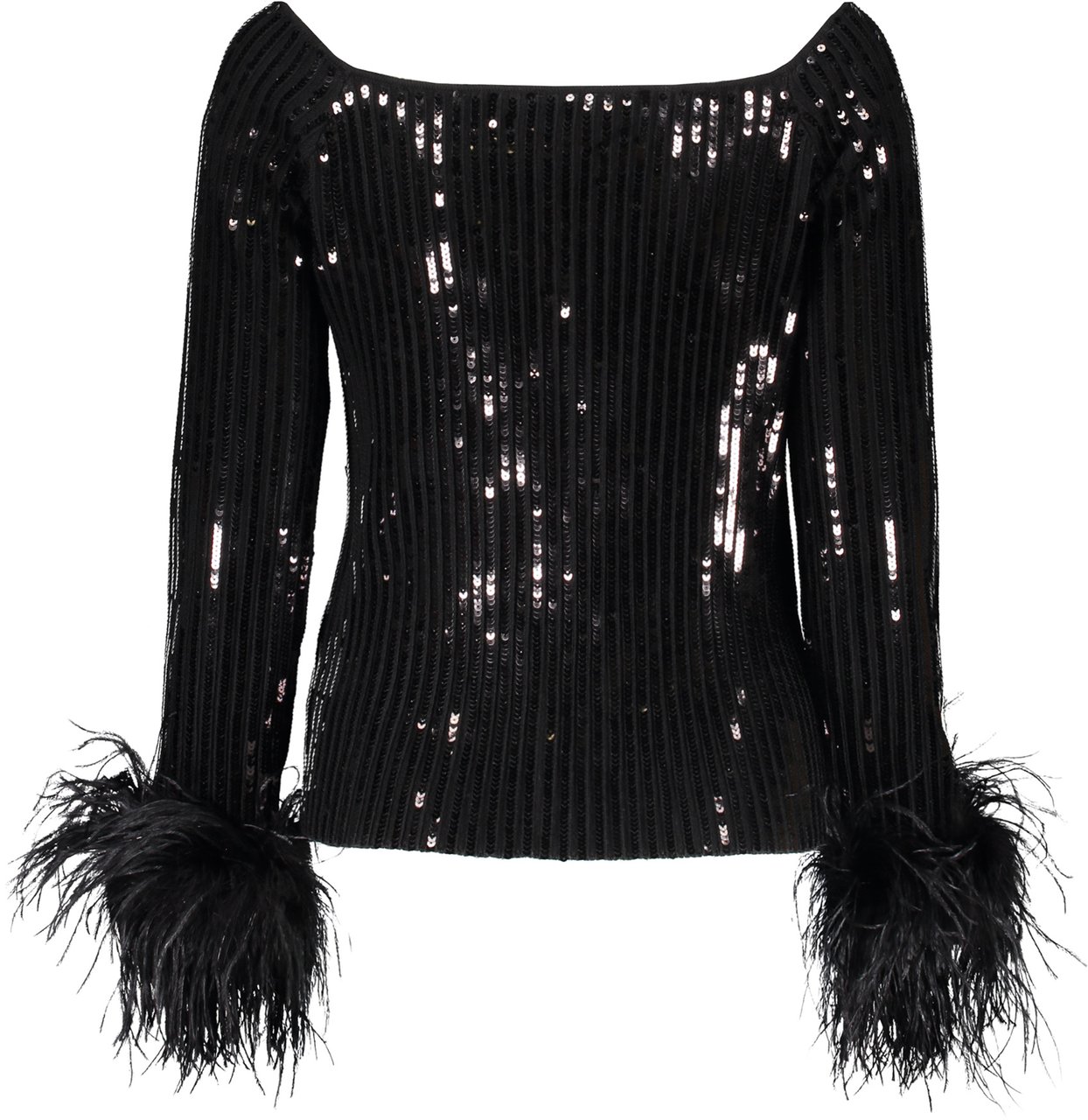 Valentino Elegant black top with long sleeves and feathers Zwart