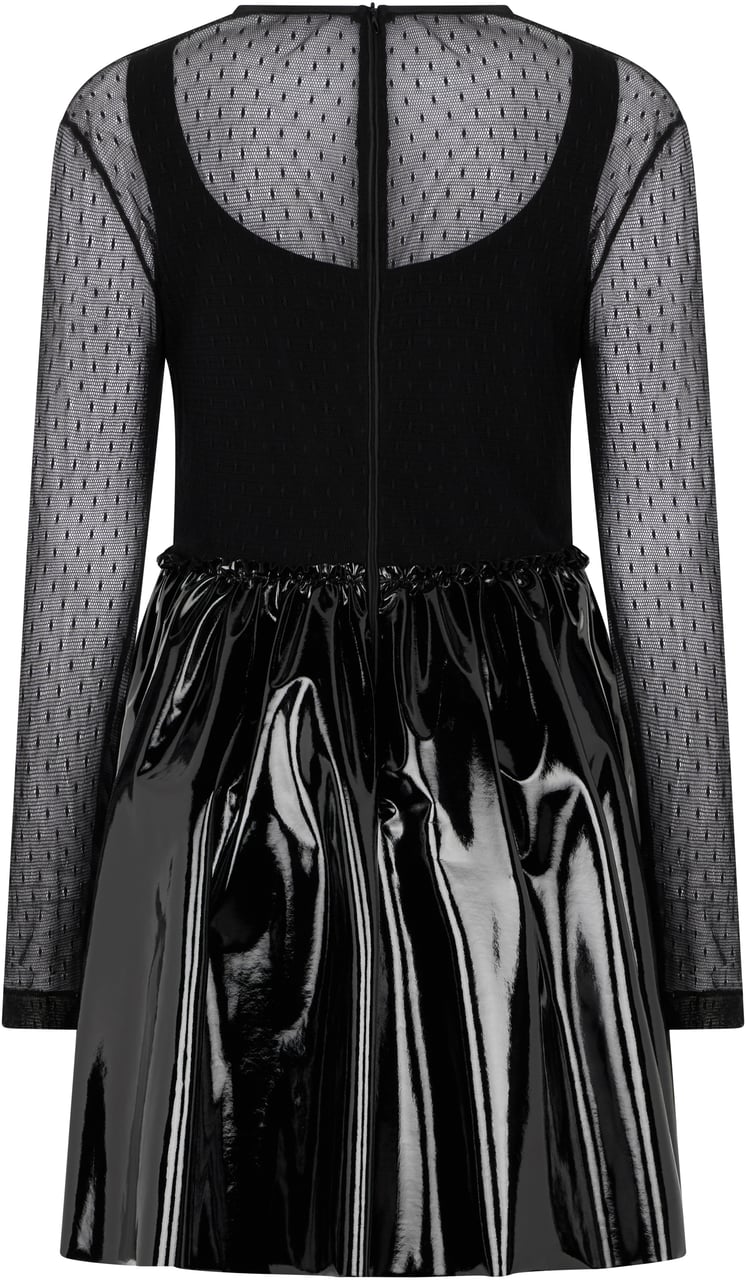 Valentino Elegant black dress with long transparent sleeves and shiny skirt. Zwart