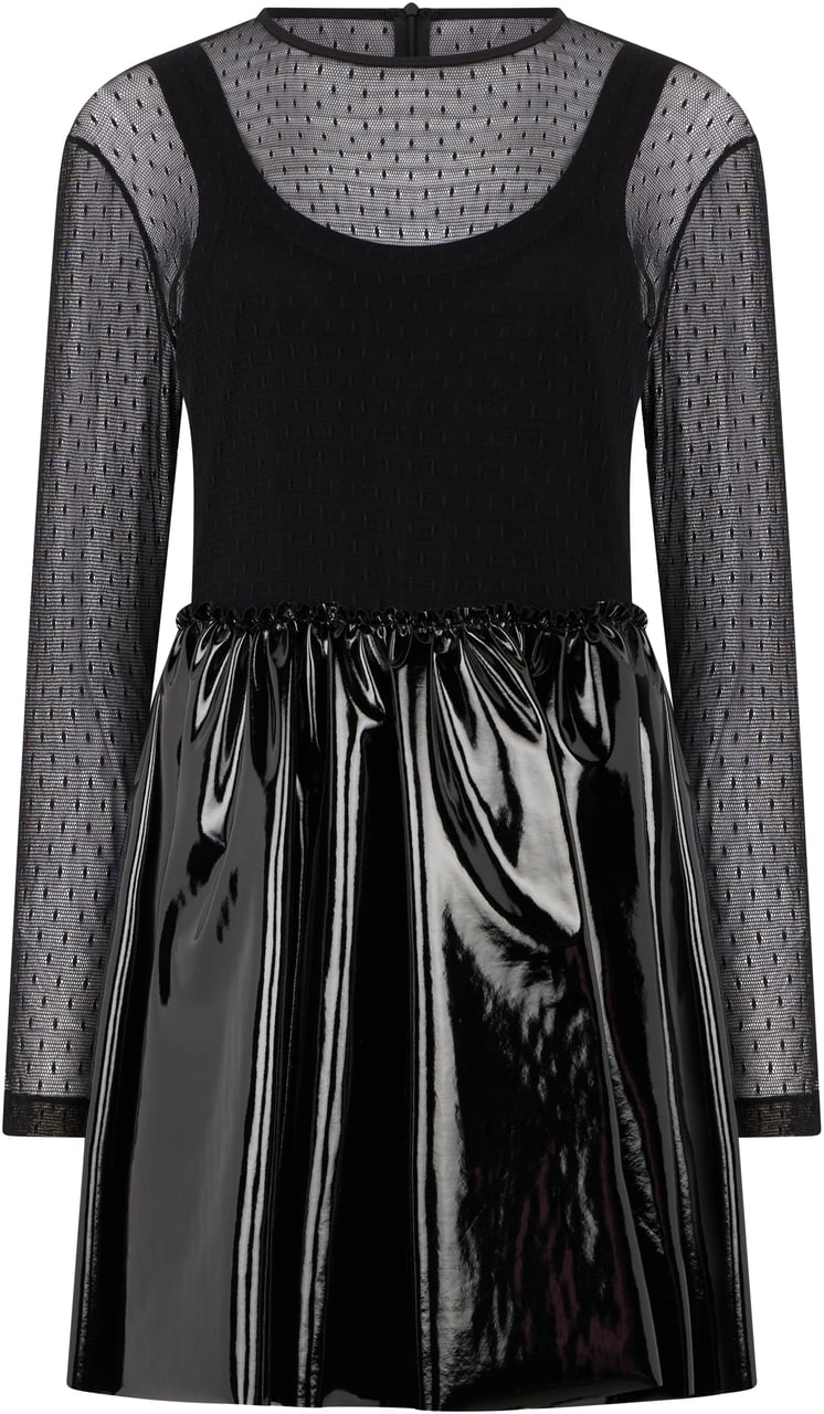 Valentino Elegant black dress with long transparent sleeves and shiny skirt. Zwart