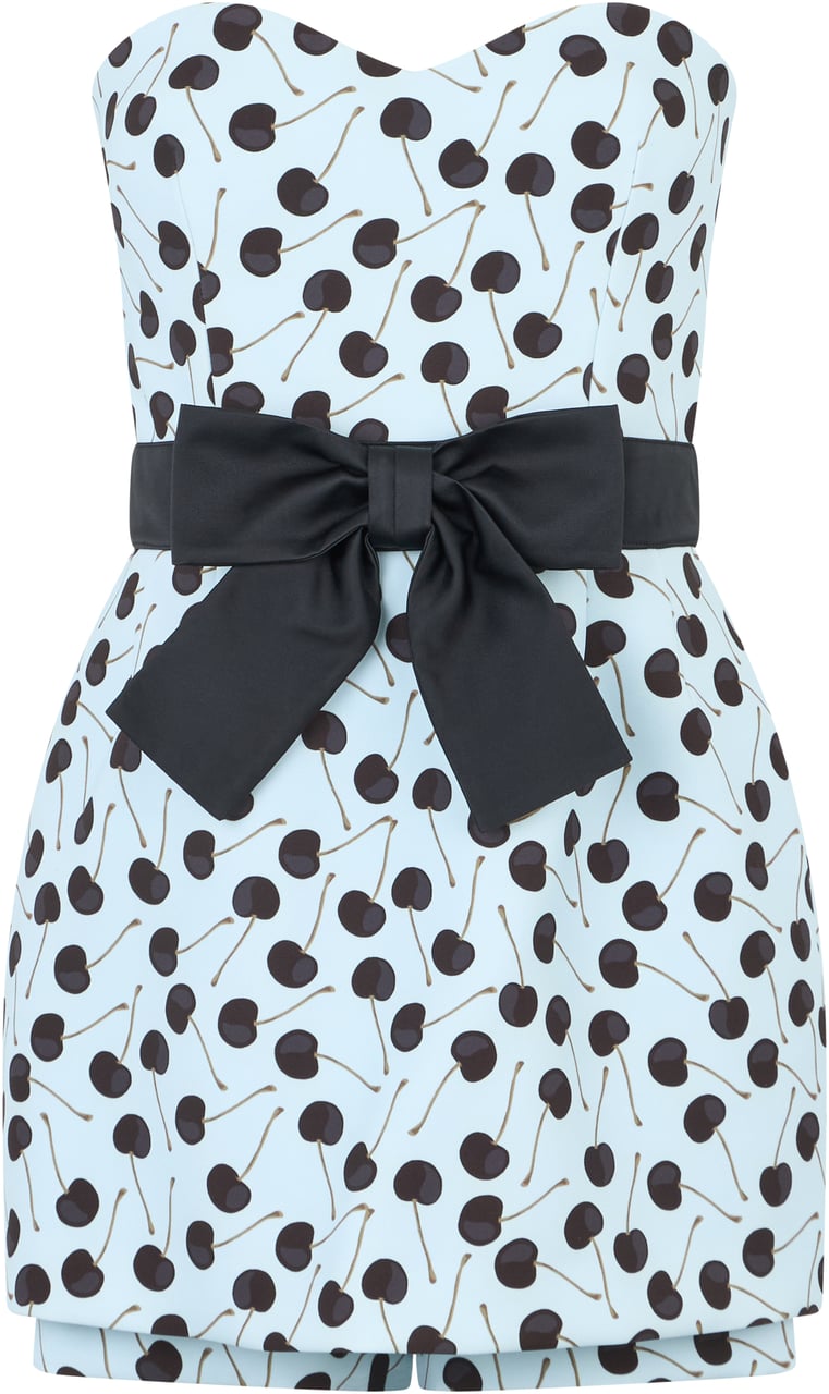 Valentino Dress with shorts under the skirt in an elegant shade of blue with cherry print. Zwart