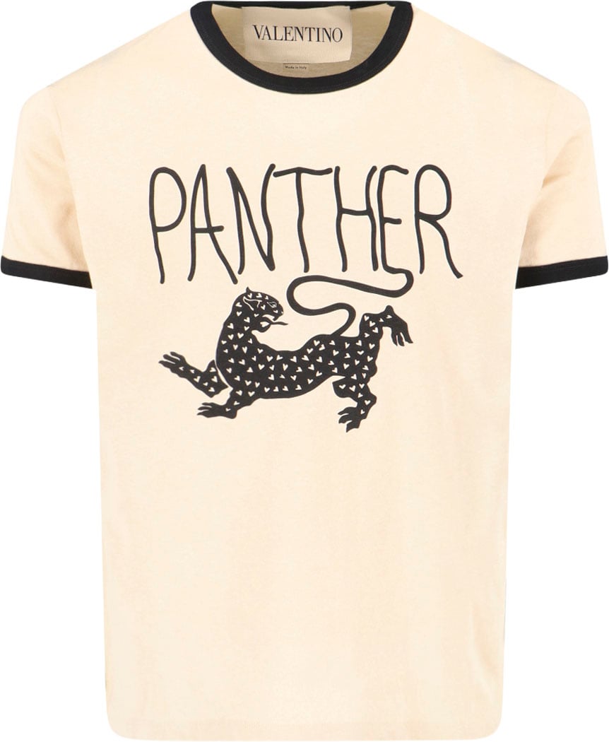 Valentino Cream Cotton T-Shirt with Panther Graphic Neutraal