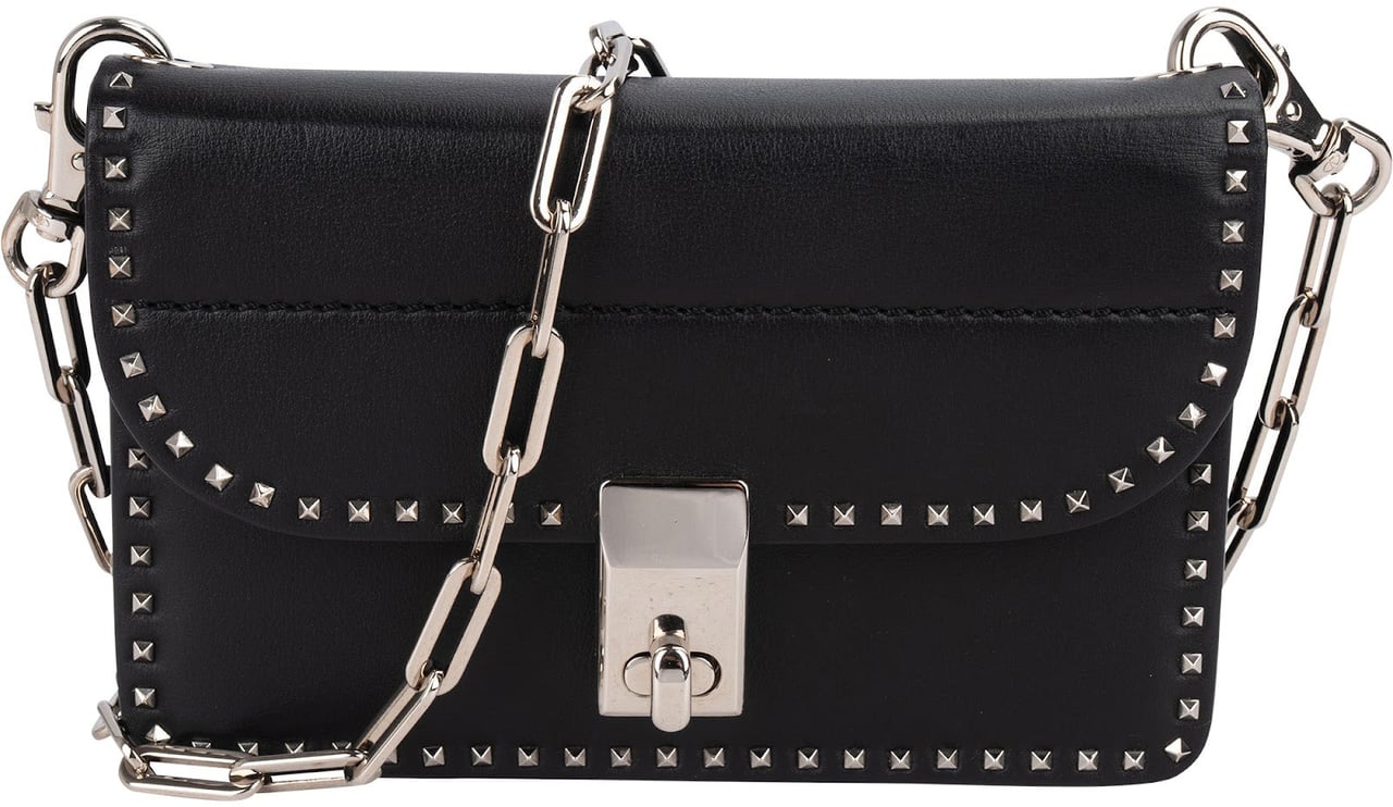 Valentino Garavani Rockstud Multi Pocket Double Flap Turnlock Crossbody Bag Zwart