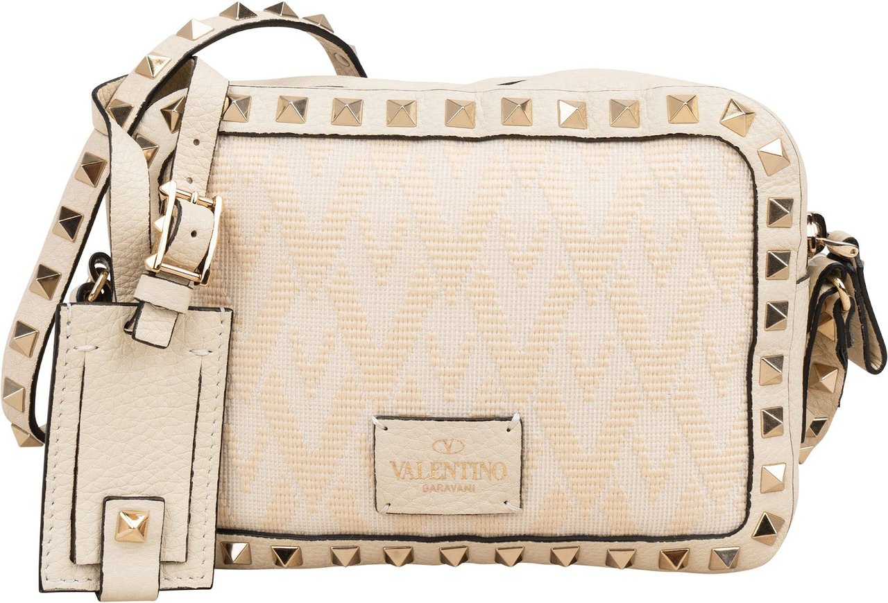 Valentino Garavani Rockstud Woven Camera Crossbody Bag Wit