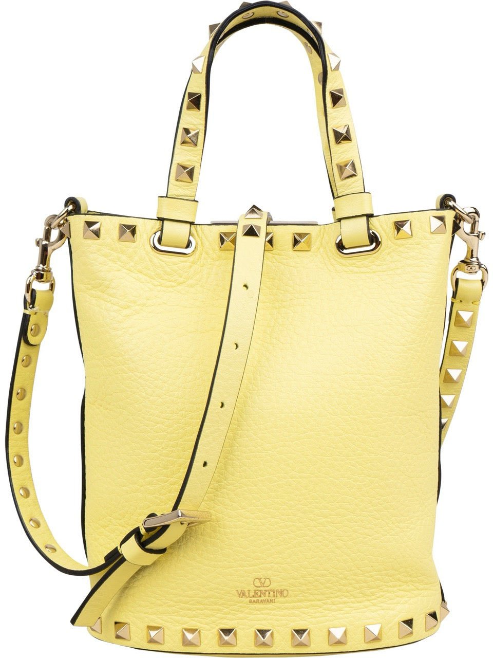 Valentino Garavani Grained Calfskin Rockstud Small Bucket Handbag Geel
