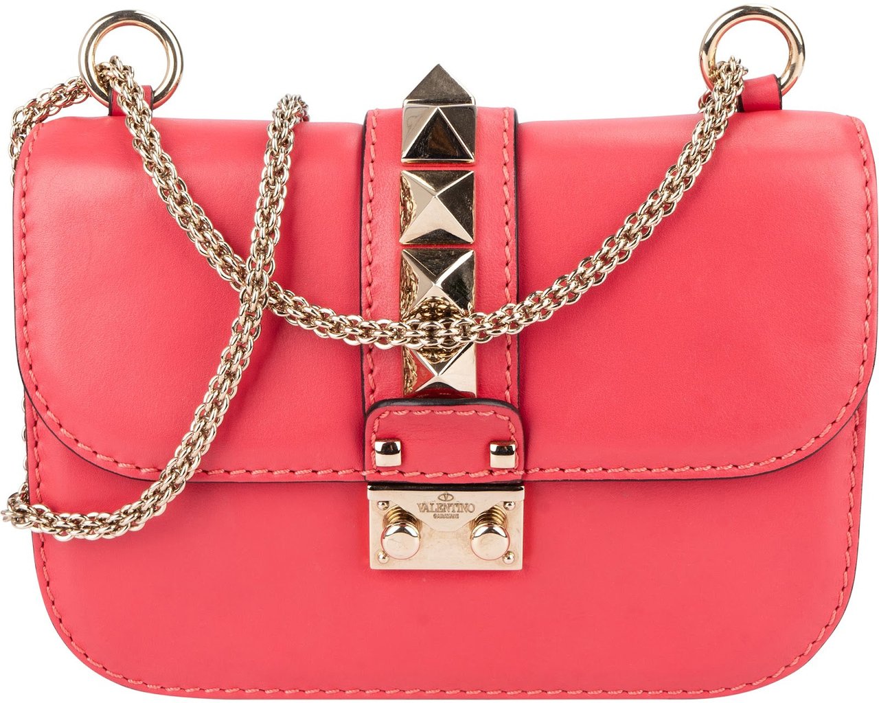 Valentino Garavani Pink Leather Rockstud Glam Lock Crossbody Bag Rood