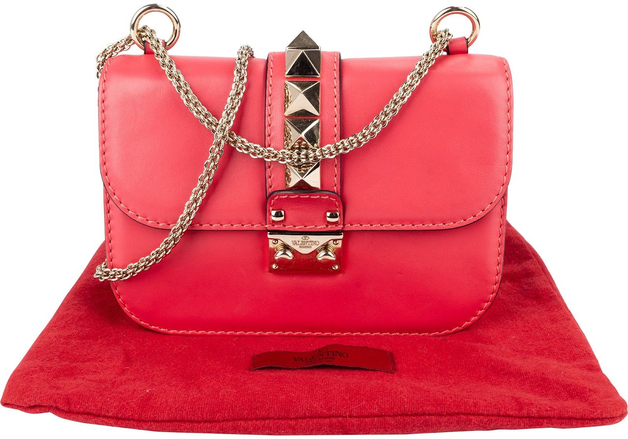 Valentino Garavani Pink Leather Rockstud Glam Lock Crossbody Bag Rood
