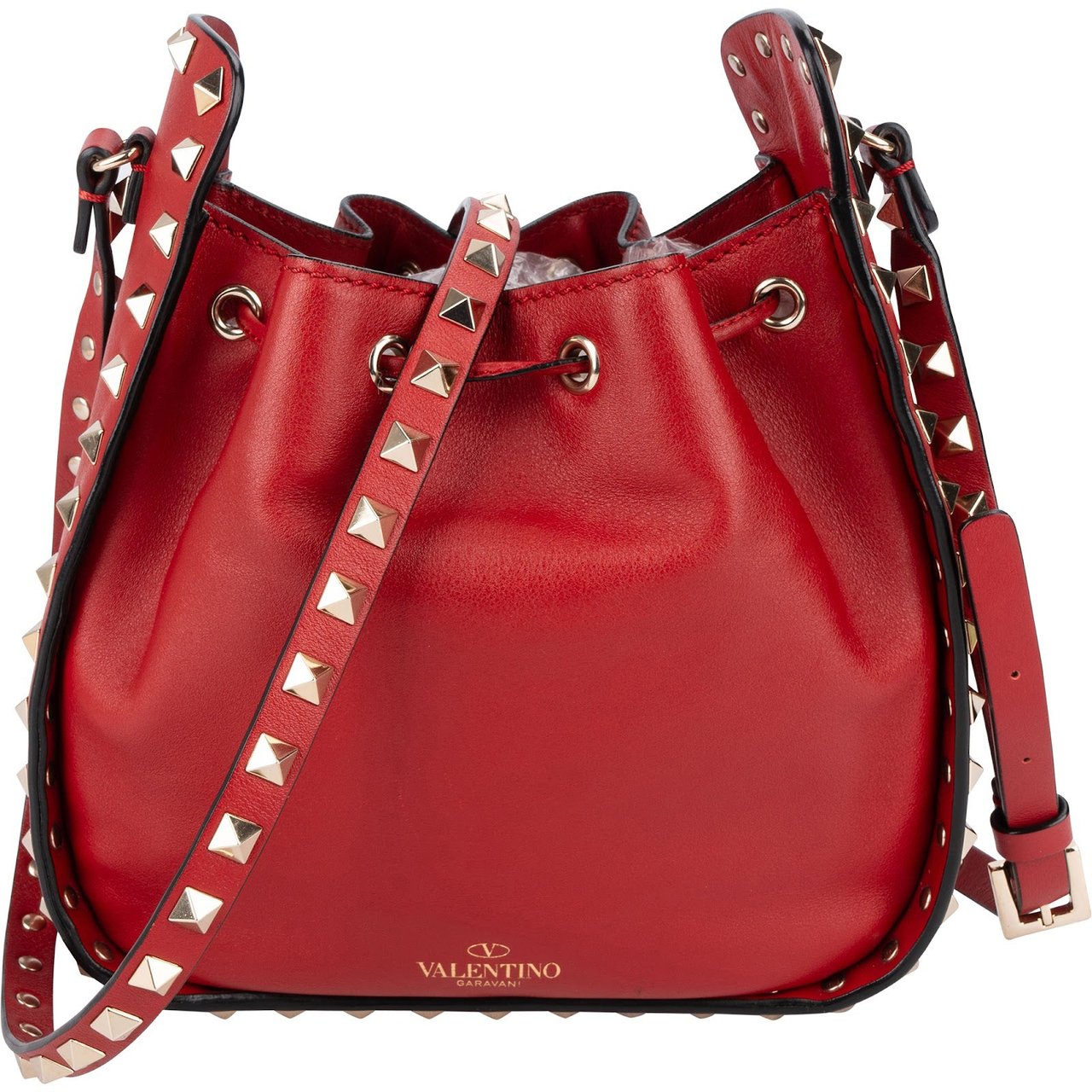 Valentino Garavani Red Leather Rockstud Bucket Crossbody Bag Rood