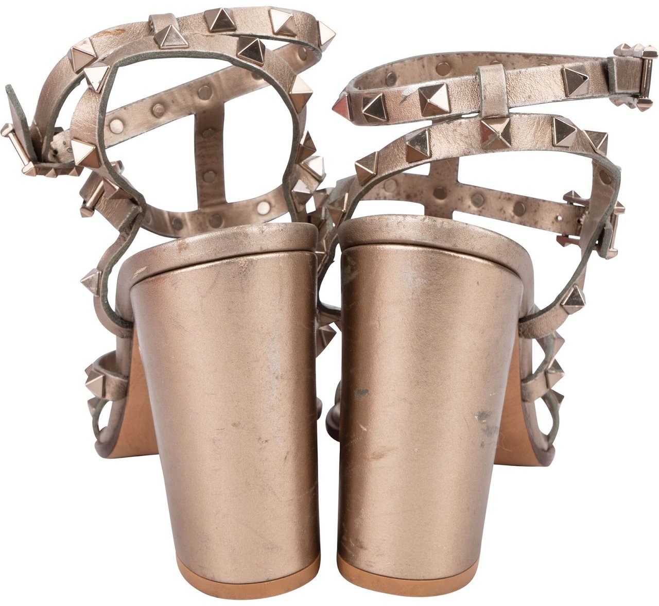 Valentino Bronze Leather Rockstud Caged Block Heel Sandals (38) Bruin