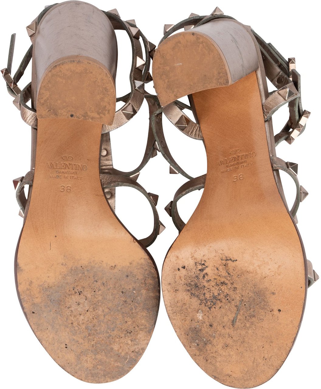Valentino Bronze Leather Rockstud Caged Block Heel Sandals (38) Bruin