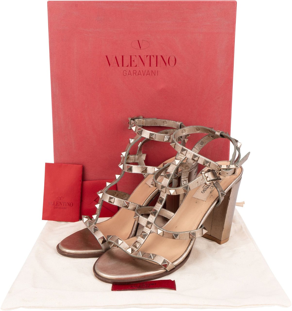 Valentino Bronze Leather Rockstud Caged Block Heel Sandals (38) Bruin