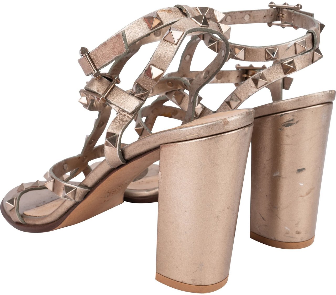 Valentino Bronze Leather Rockstud Caged Block Heel Sandals (38) Bruin
