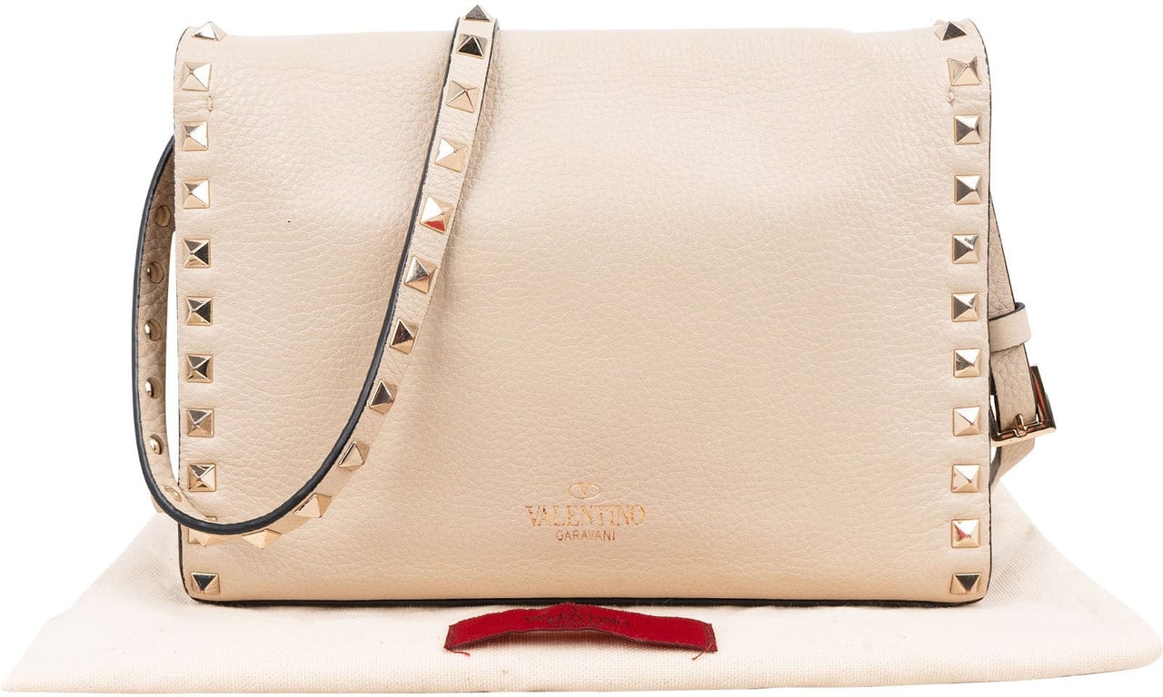 Valentino Garavani Grained Leather Rockstud Flap Crossbody Bag Beige