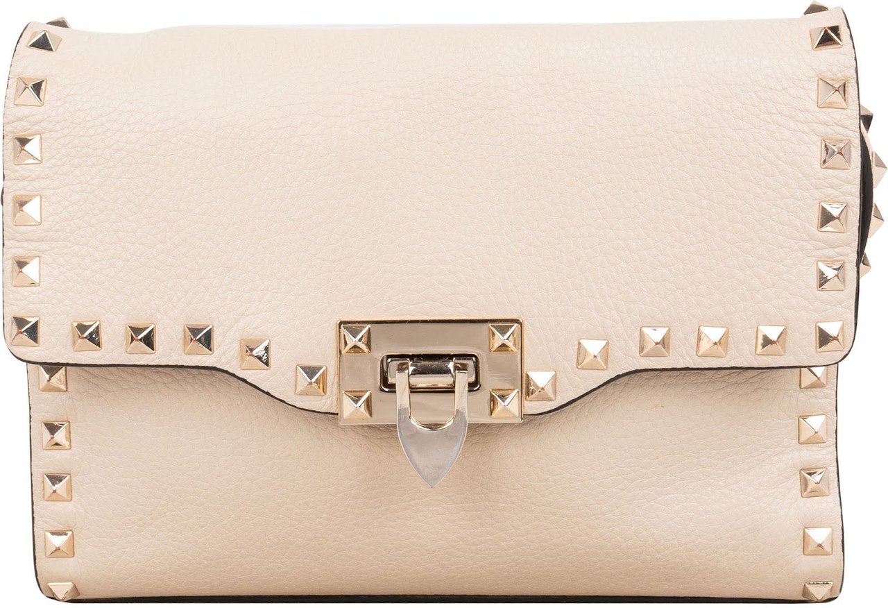 Valentino Garavani Grained Leather Rockstud Flap Crossbody Bag Beige