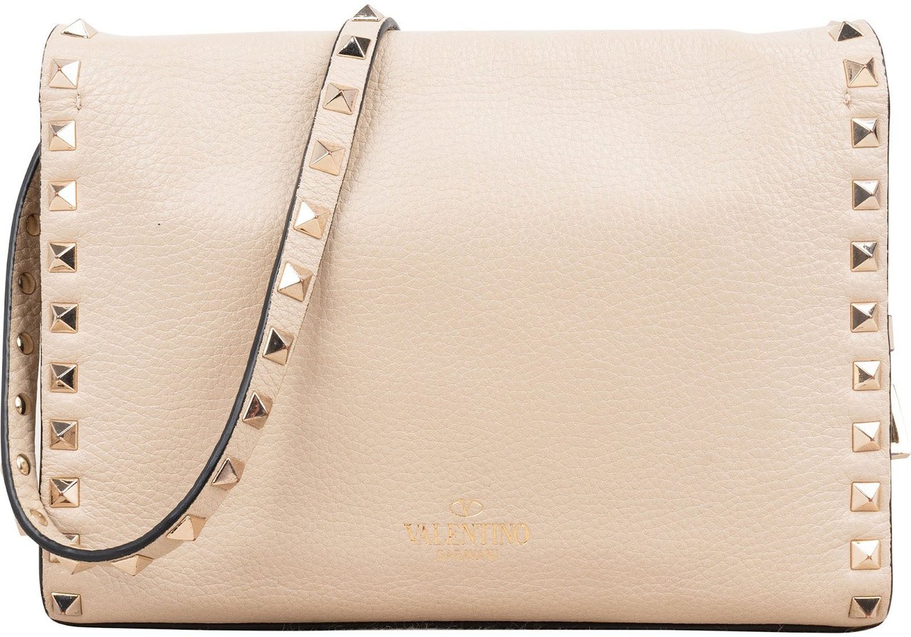 Valentino Garavani Grained Leather Rockstud Flap Crossbody Bag Beige