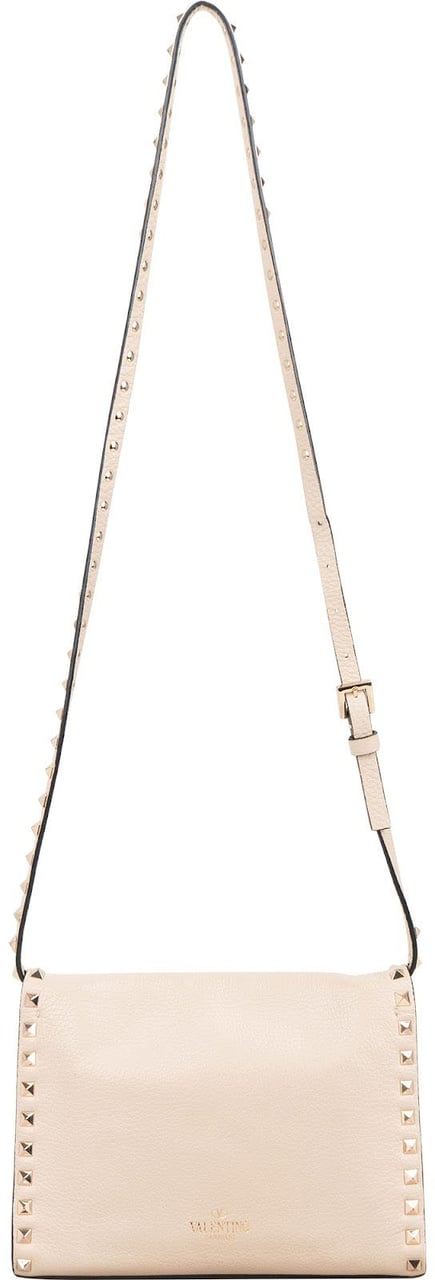 Valentino Garavani Grained Leather Rockstud Flap Crossbody Bag Beige