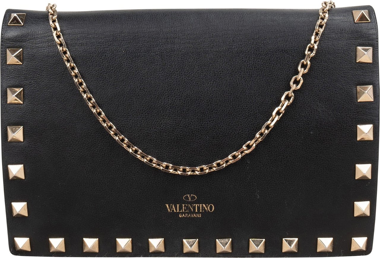 Valentino Garavani Leather Rockstud Envelope Wallet On Chain Crossbody Bag Zwart
