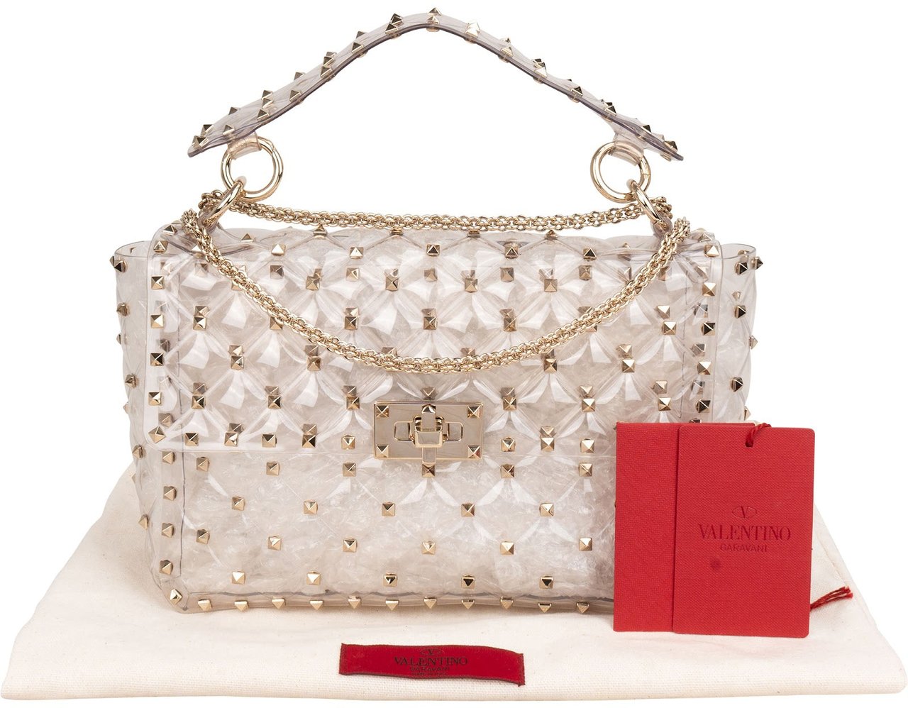 Valentino Garavani PVC Rockstud Spike Flap Crossbody Handbag Goud