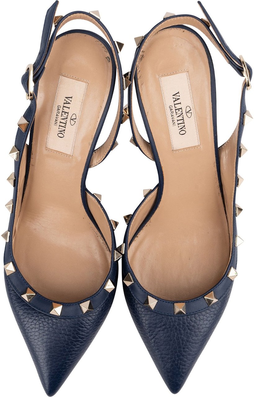 Valentino Garavani Grained Navy Calfskin Rockstud Slingback Pumps (37,5) Navy
