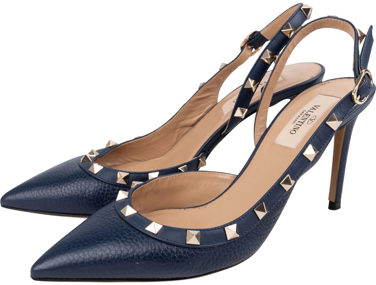 Valentino Garavani Grained Navy Calfskin Rockstud Slingback Pumps (37,5) Navy