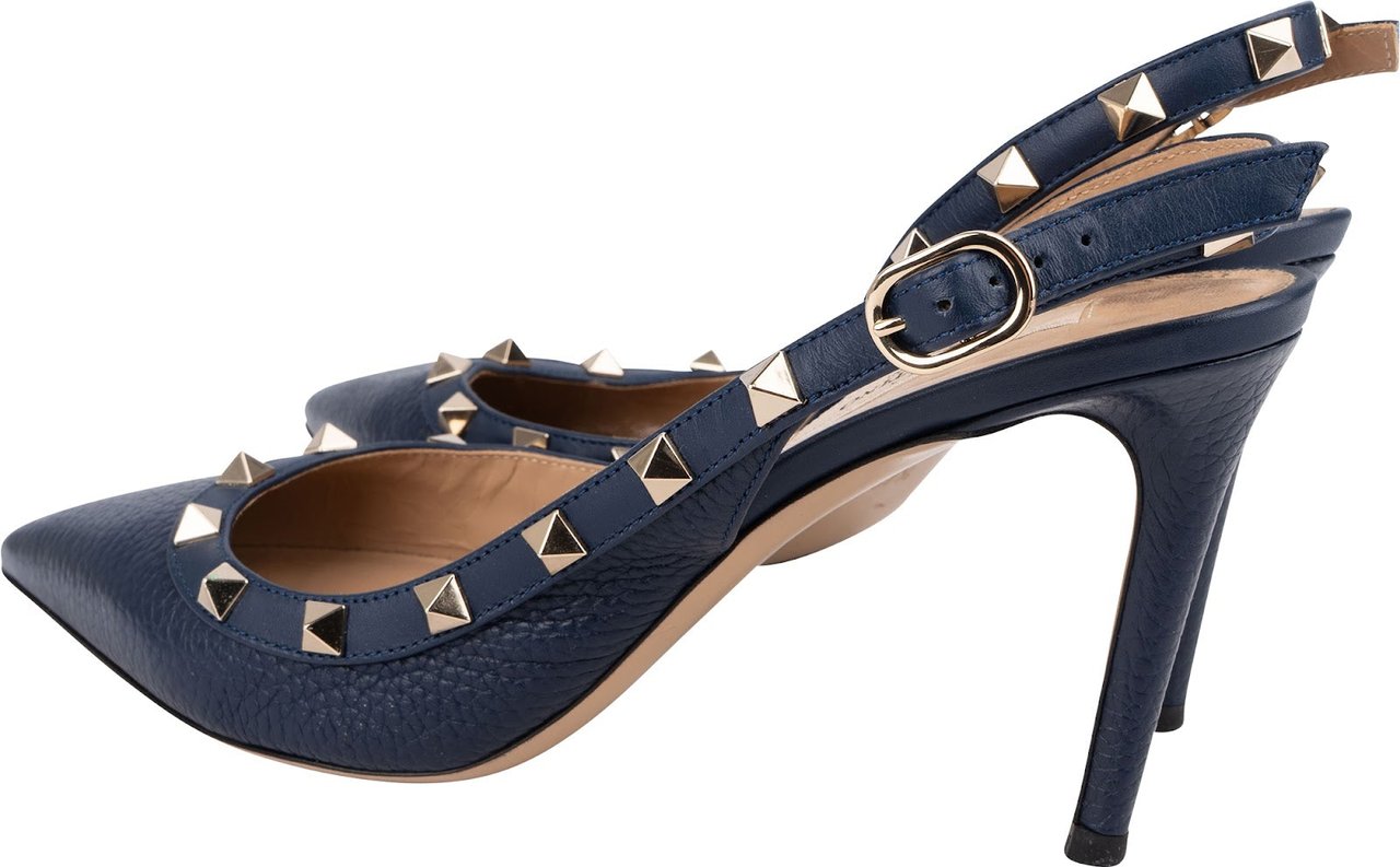 Valentino Garavani Grained Navy Calfskin Rockstud Slingback Pumps (37,5) Navy