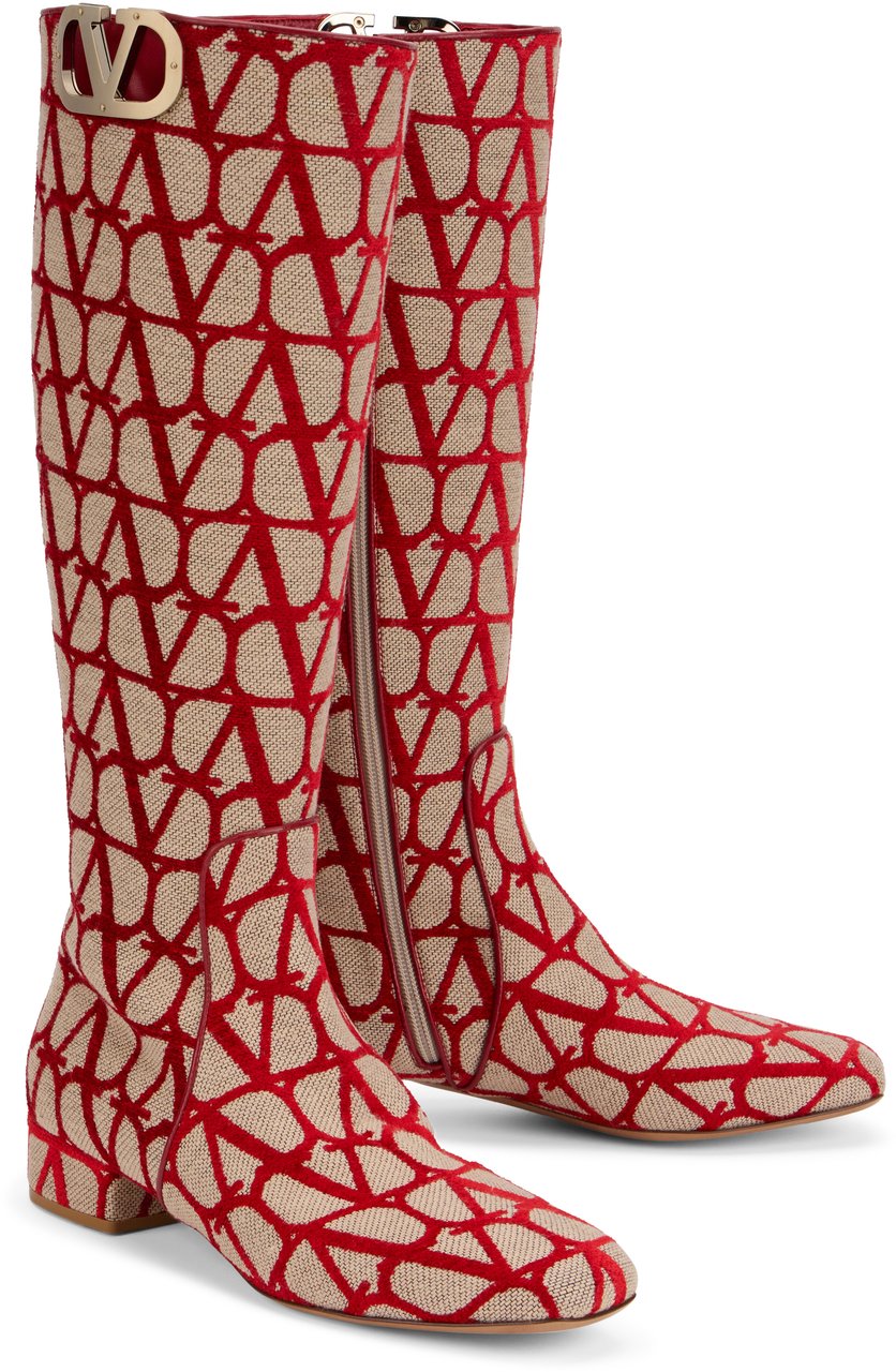 Valentino Red high boots with a monogram pattern. Beige