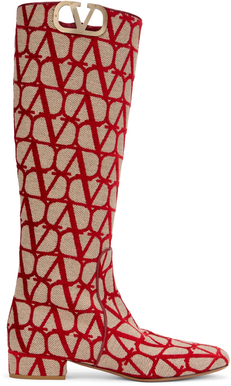 Valentino Red high boots with a monogram pattern. Beige