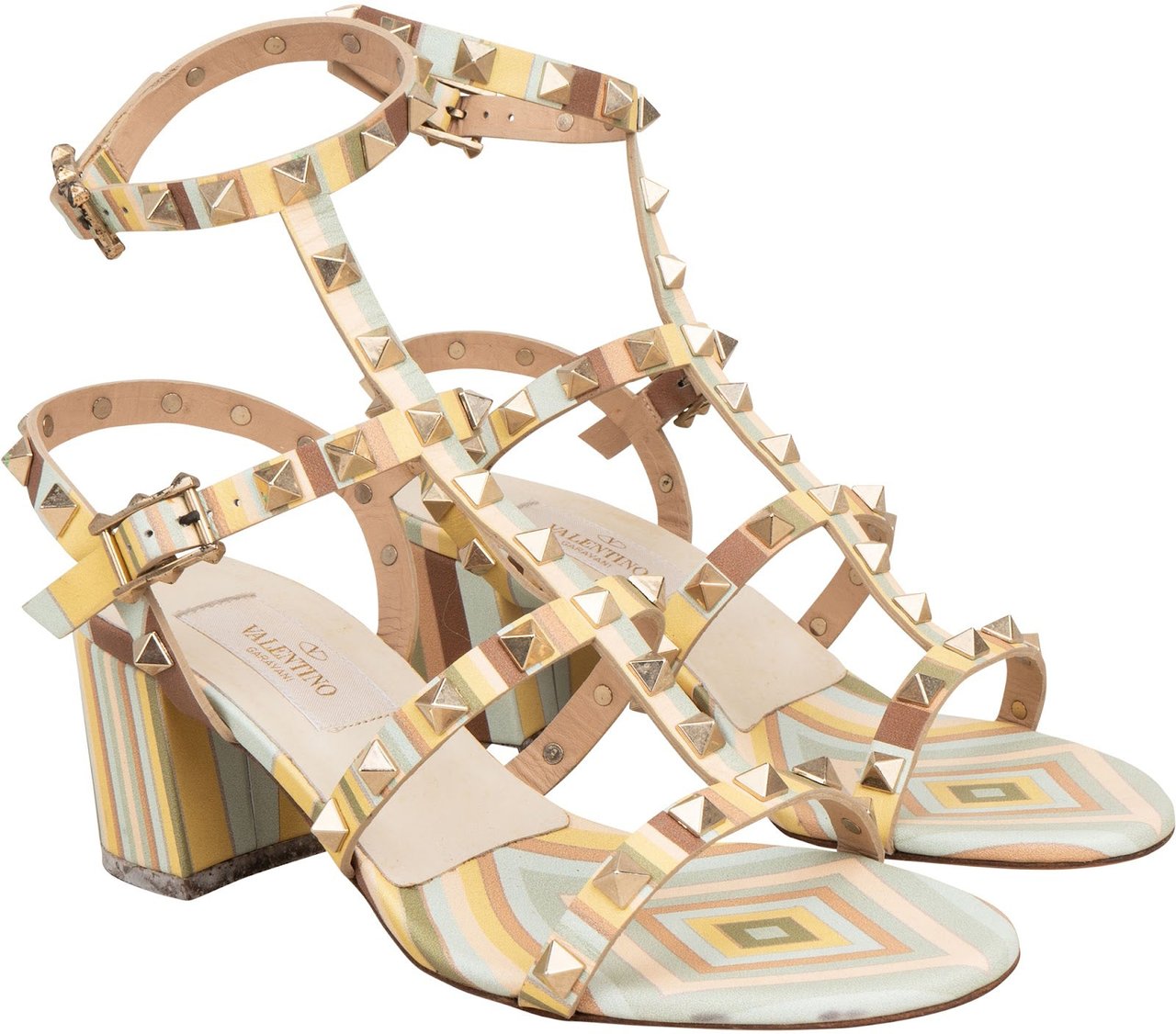 Valentino Multicolor Leather Rockstud Caged Block Heel Sandals (35) Divers