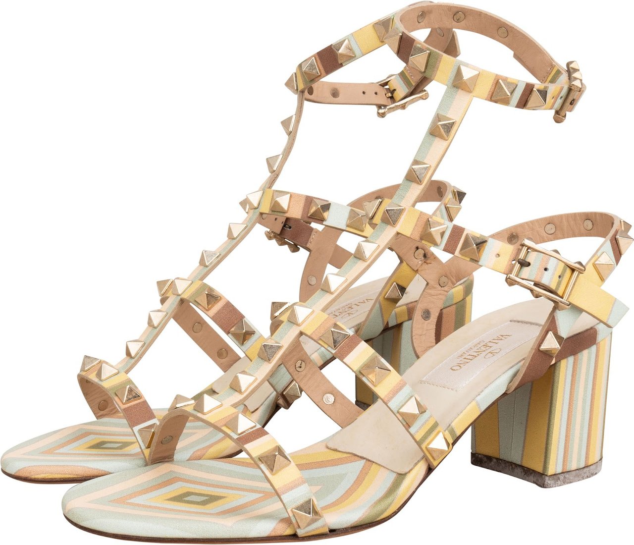 Valentino Multicolor Leather Rockstud Caged Block Heel Sandals (35) Divers
