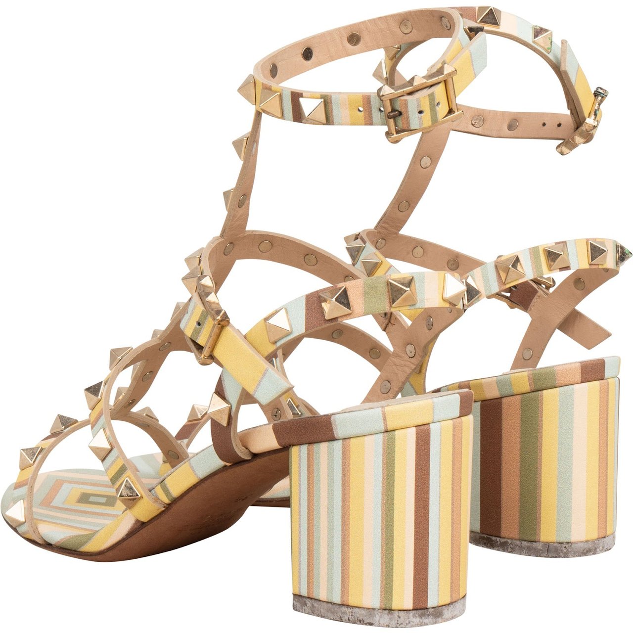 Valentino Multicolor Leather Rockstud Caged Block Heel Sandals (35) Divers