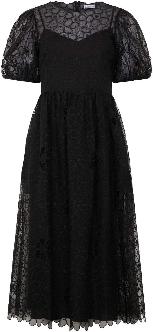 Valentino Elegant long black dress with tulle and flowers. Zwart