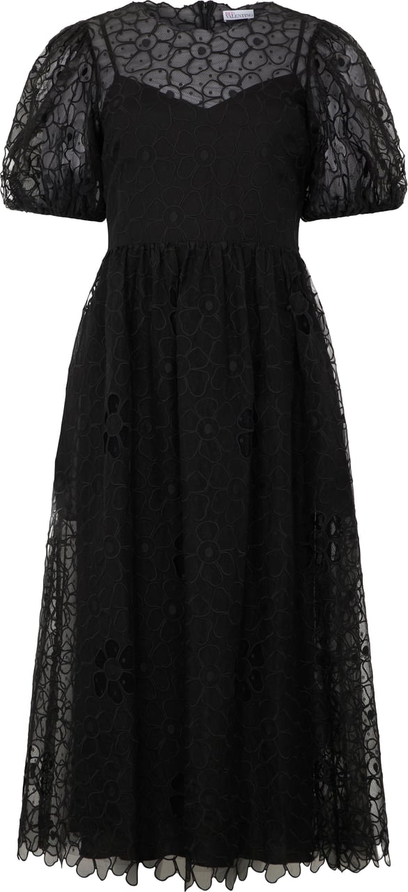 Valentino Elegant long black dress with tulle and flowers. Zwart