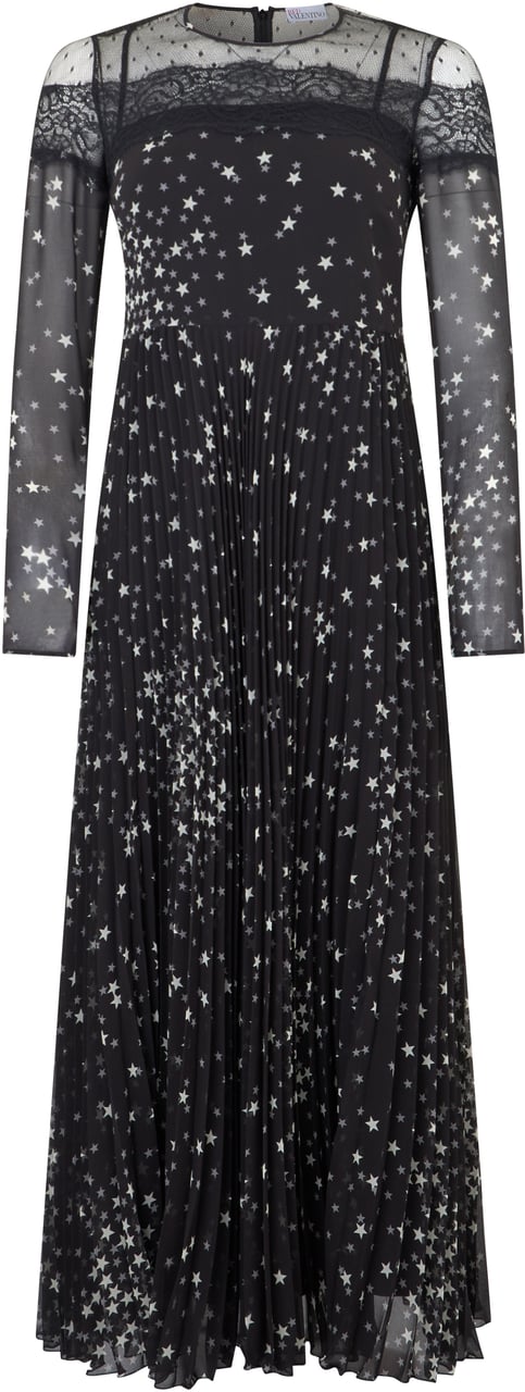 Valentino Long black dress with transparent sleeves and gray print. Zwart