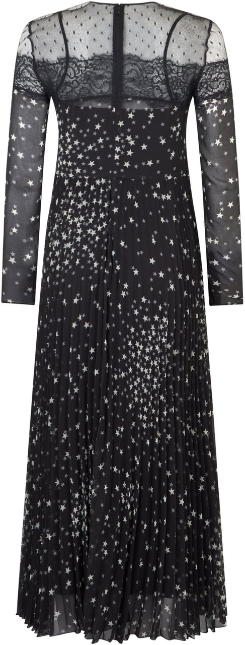 Valentino Long black dress with transparent sleeves and gray print. Zwart