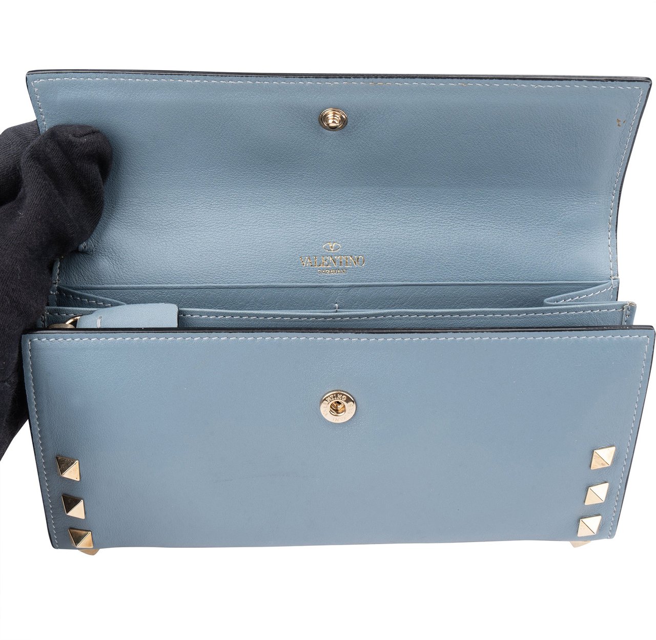 Valentino Valentino Blue Leather Spikes Continental Wallet Clutch Wristlet Blauw