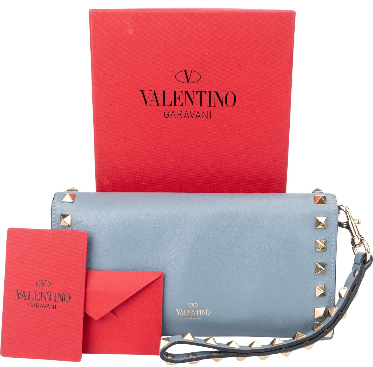 Valentino Valentino Blue Leather Spikes Continental Wallet Clutch Wristlet Blauw