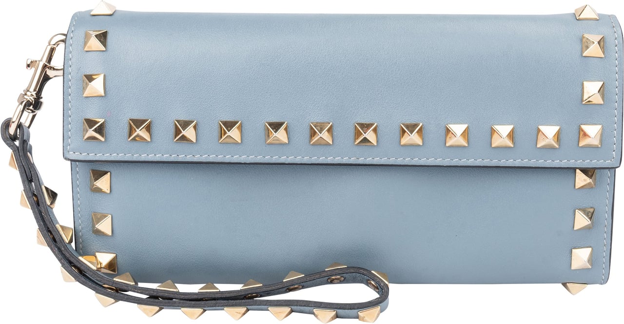 Valentino Valentino Blue Leather Spikes Continental Wallet Clutch Wristlet Blauw