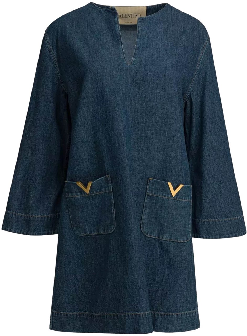 Valentino Indigo V-Notch Neckline Denim Tunic Dress Zwart