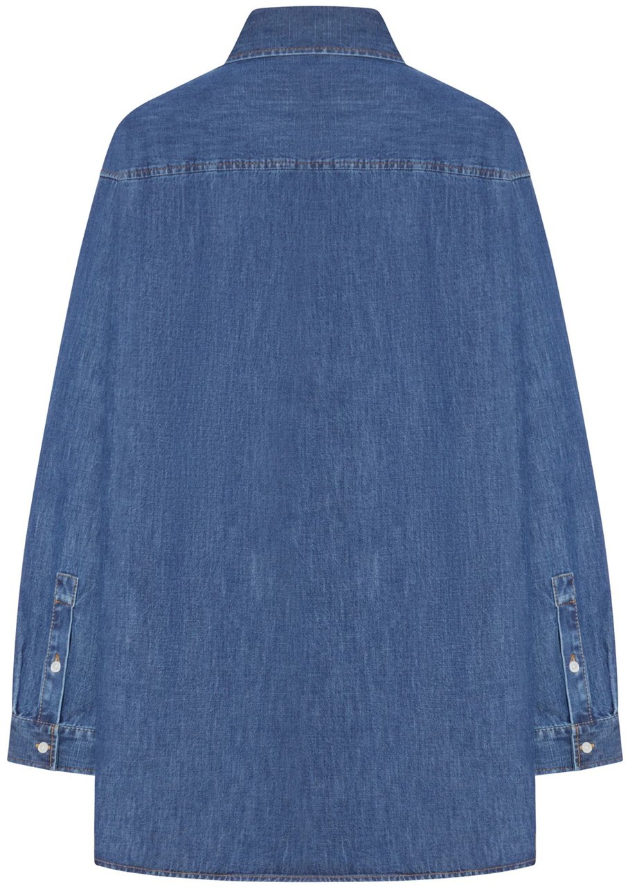 Valentino Blue Pointed Collar V-Detail Denim Shirt Blauw