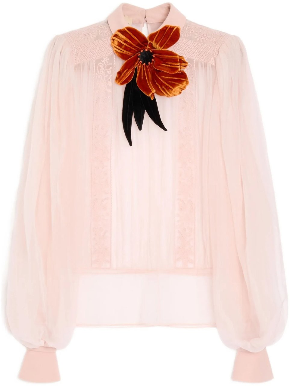 Valentino Neutral Sheer Velvet Floral Applique Blouse Neutraal