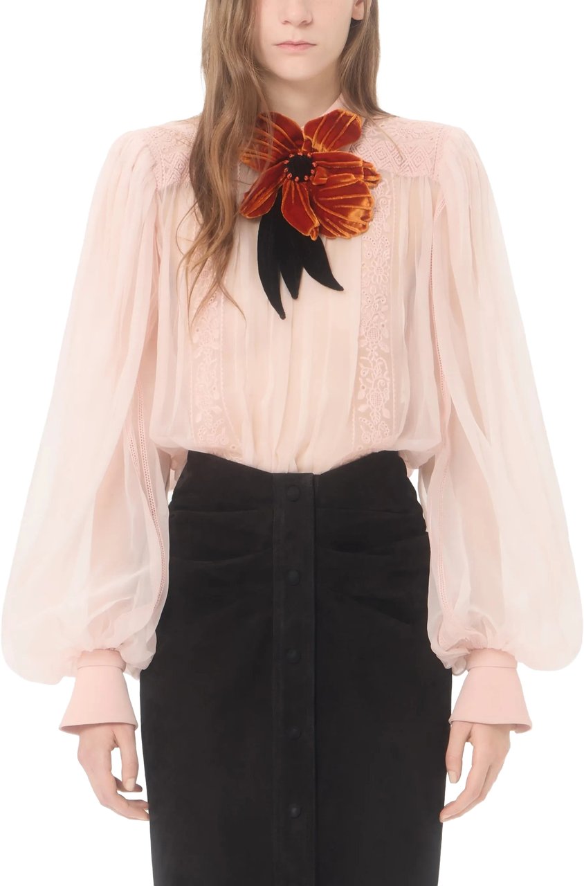Valentino Neutral Sheer Velvet Floral Applique Blouse Neutraal