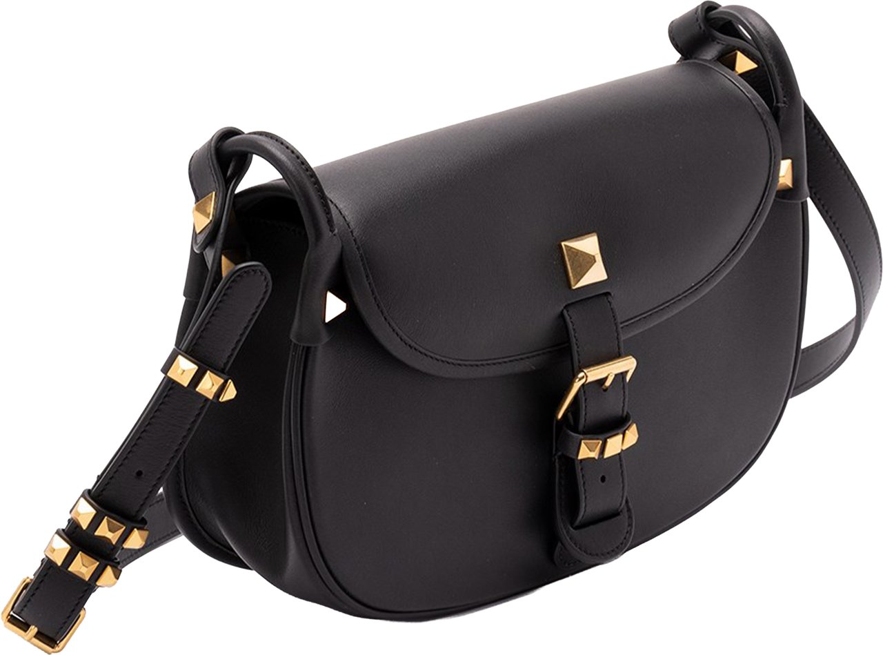 Valentino Black Curved Leather Pyramid Stud Bag Zwart