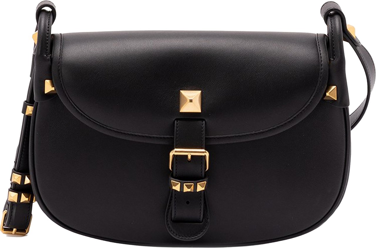 Valentino Black Curved Leather Pyramid Stud Bag Zwart