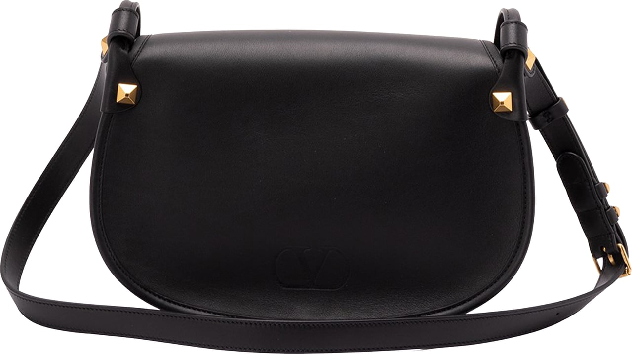 Valentino Black Curved Leather Pyramid Stud Bag Zwart