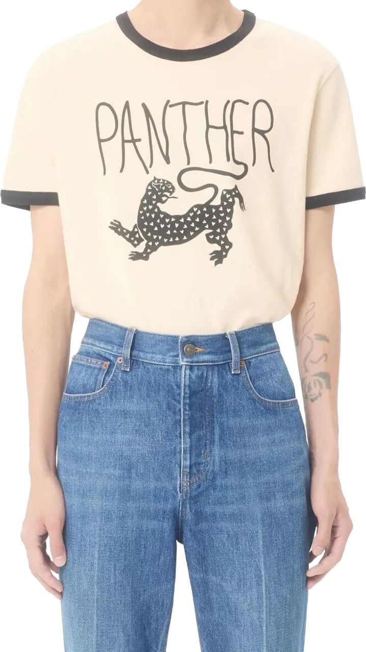 Valentino Light Beige Graphic Panther Cotton T-shirt Neutraal
