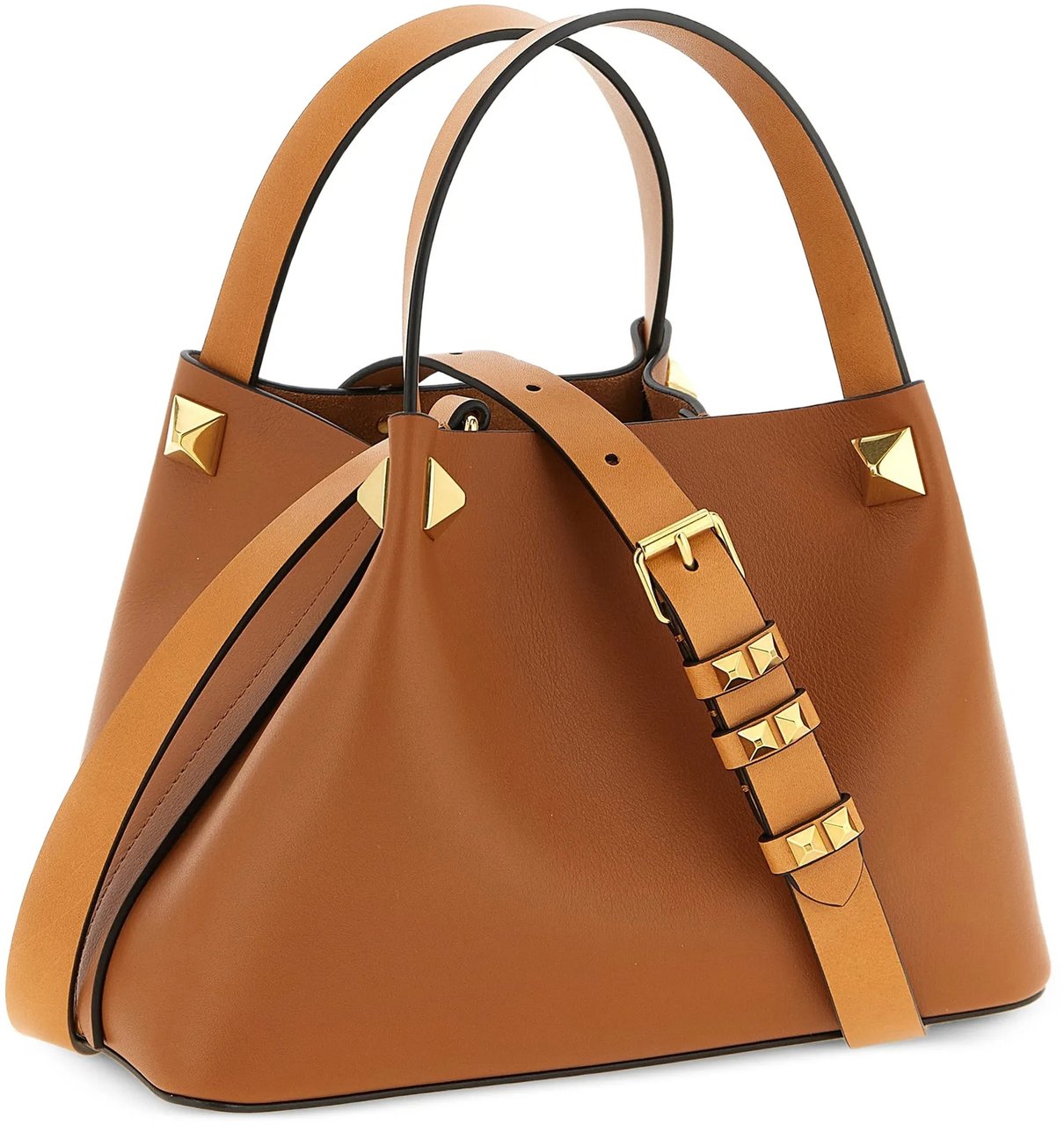 Valentino Structured Tan Leather Tote with Gold-tone Accents Bruin