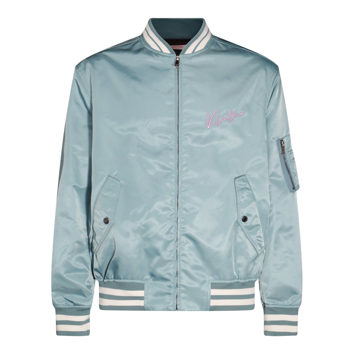 Valentino Light Blue Satin-Finish Casual Jacket With Logo Detail Blauw